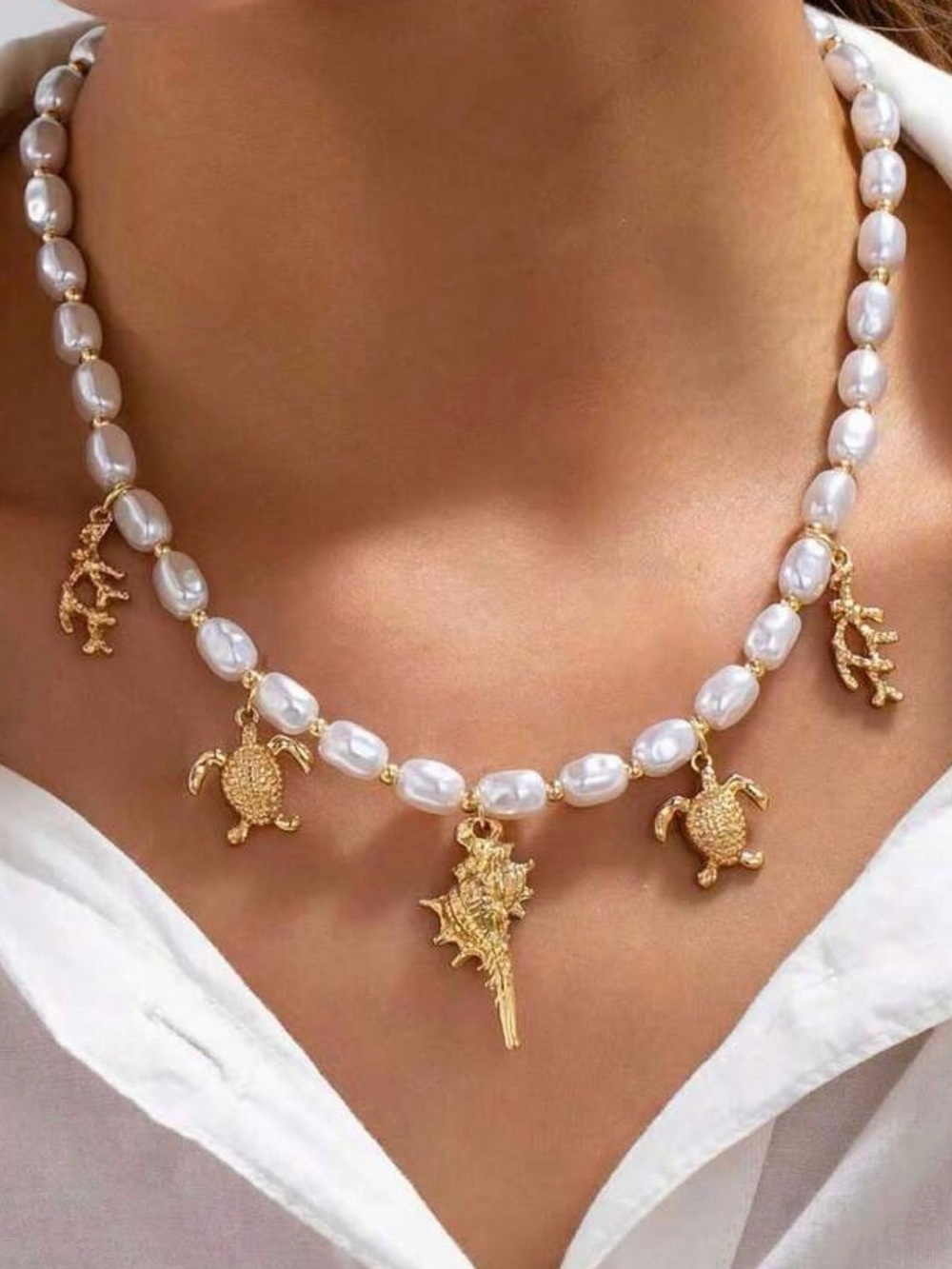 Pearl Ocean Charm Necklace with Gold Sea Turtle & Shell Details